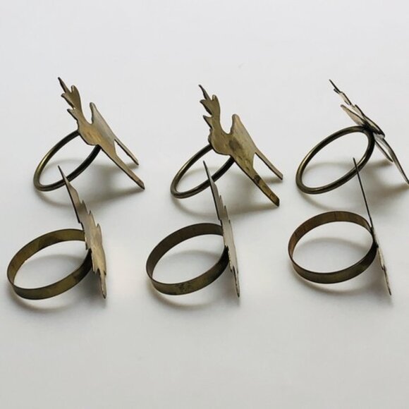 Vintage Napkin Ring Holders Brass Gold Tone Metal Rustic Tree Moose Set Of 6 - Picture 6 of 12